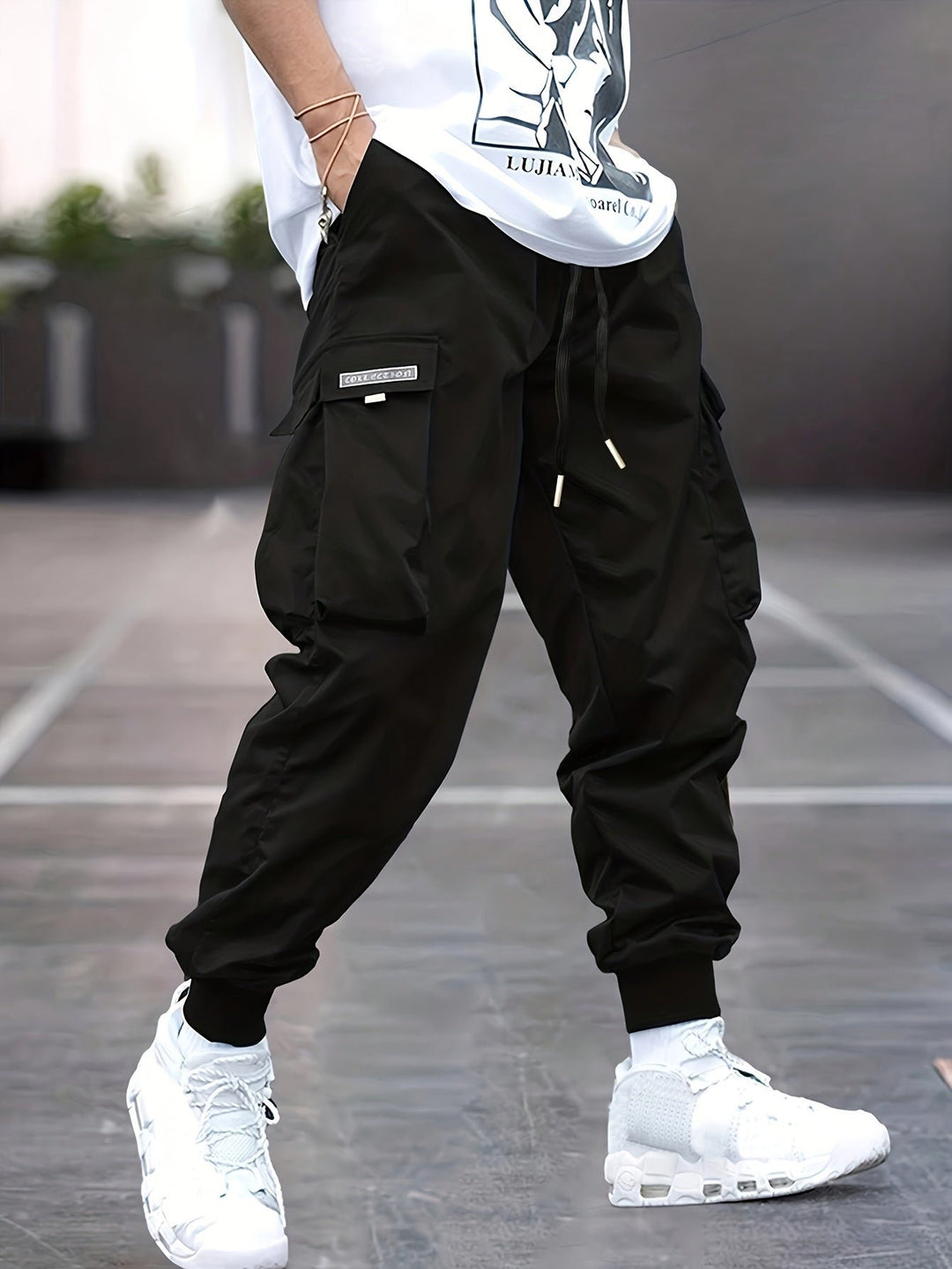 Herren Cargo-Jogger-Hose mit Rippbündchen verstellbarem Kordelzug - Black
