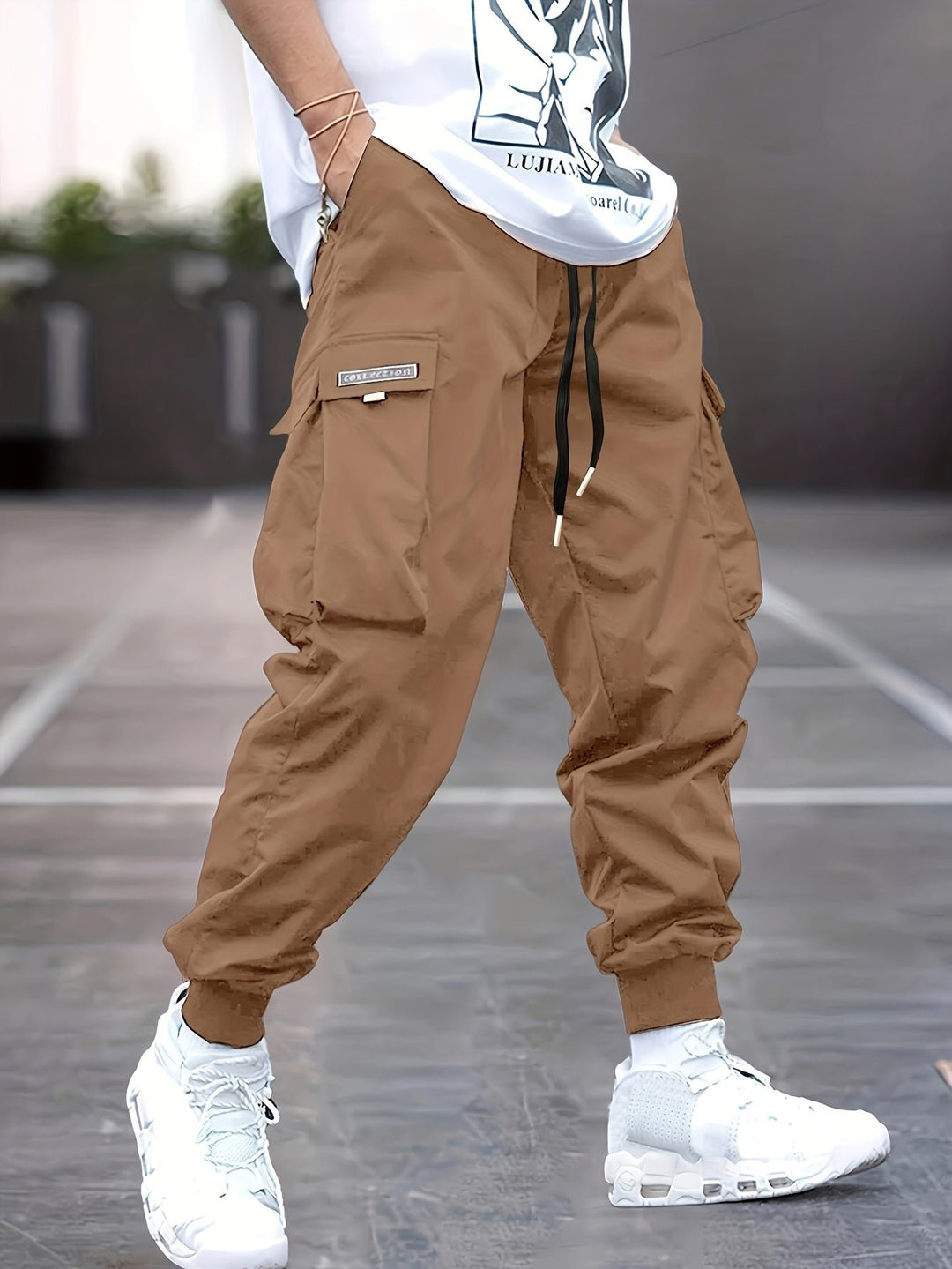 Herren Cargo-Jogger-Hose mit Rippbündchen verstellbarem Kordelzug - Khaki