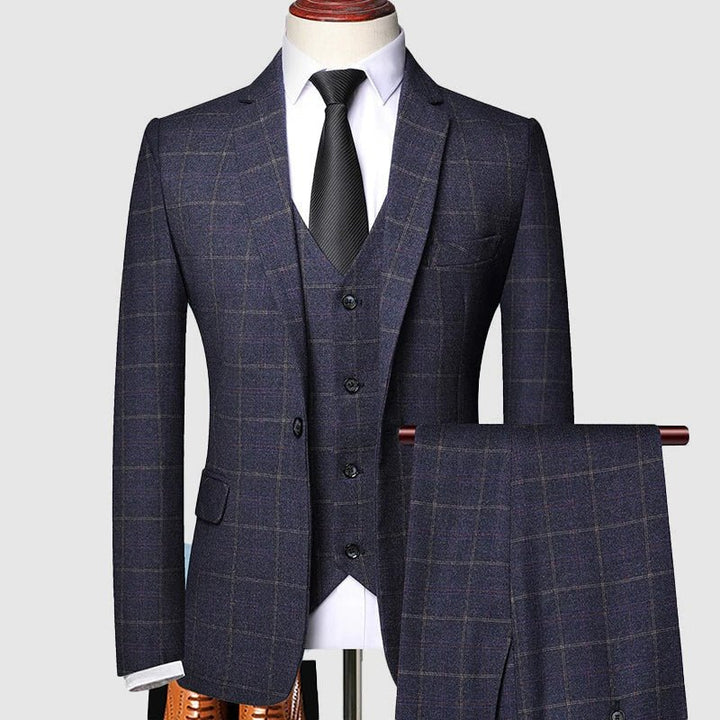 Herren Dreiteiler Anzug Kariert Formal - Navy Blue