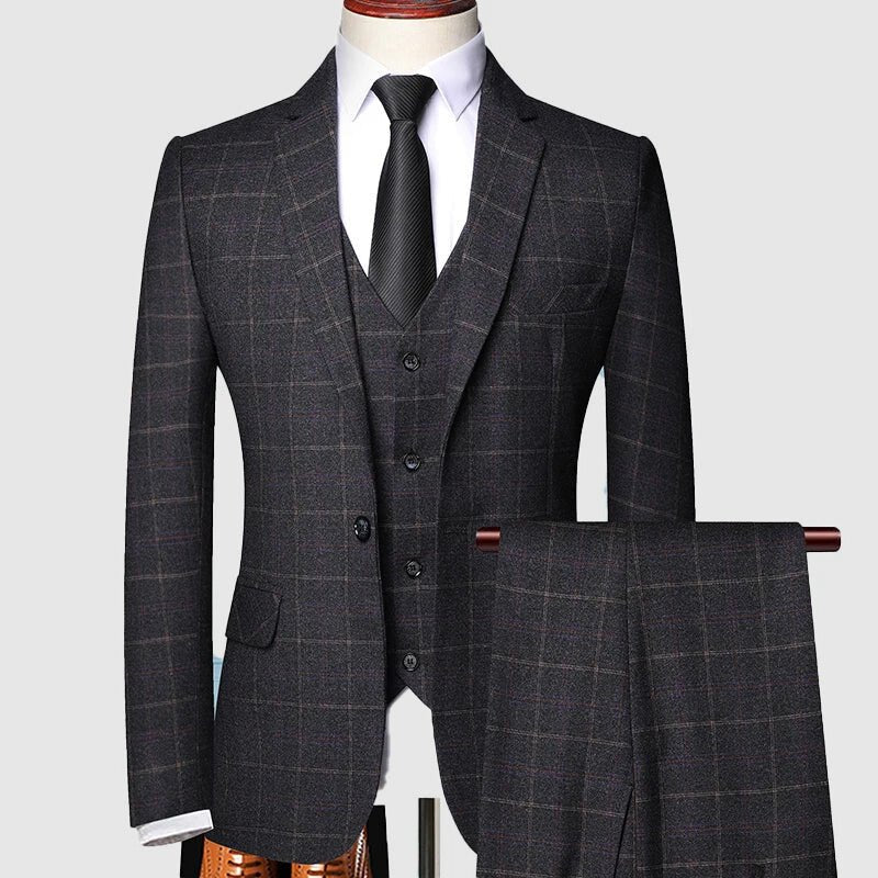 Herren Dreiteiler Anzug Kariert Formal - Black