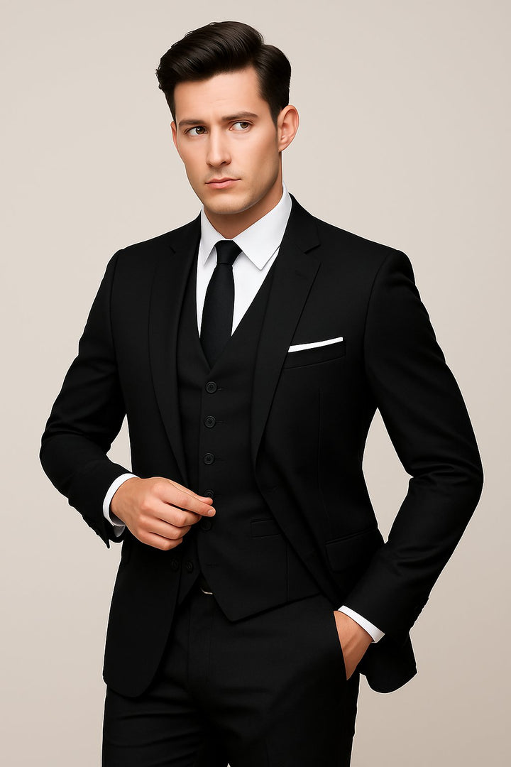Herren Dreiteiler Anzug Slim Fit Formal - Black
