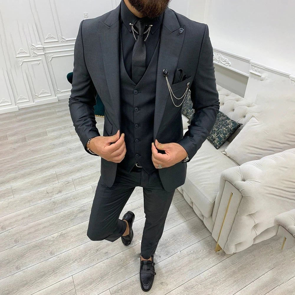 Herren Dreiteiliger Anzug Einreiher mit Weste - Black