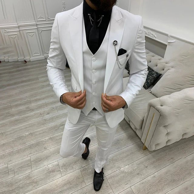 Herren Dreiteiliger Anzug Einreiher mit Weste - White