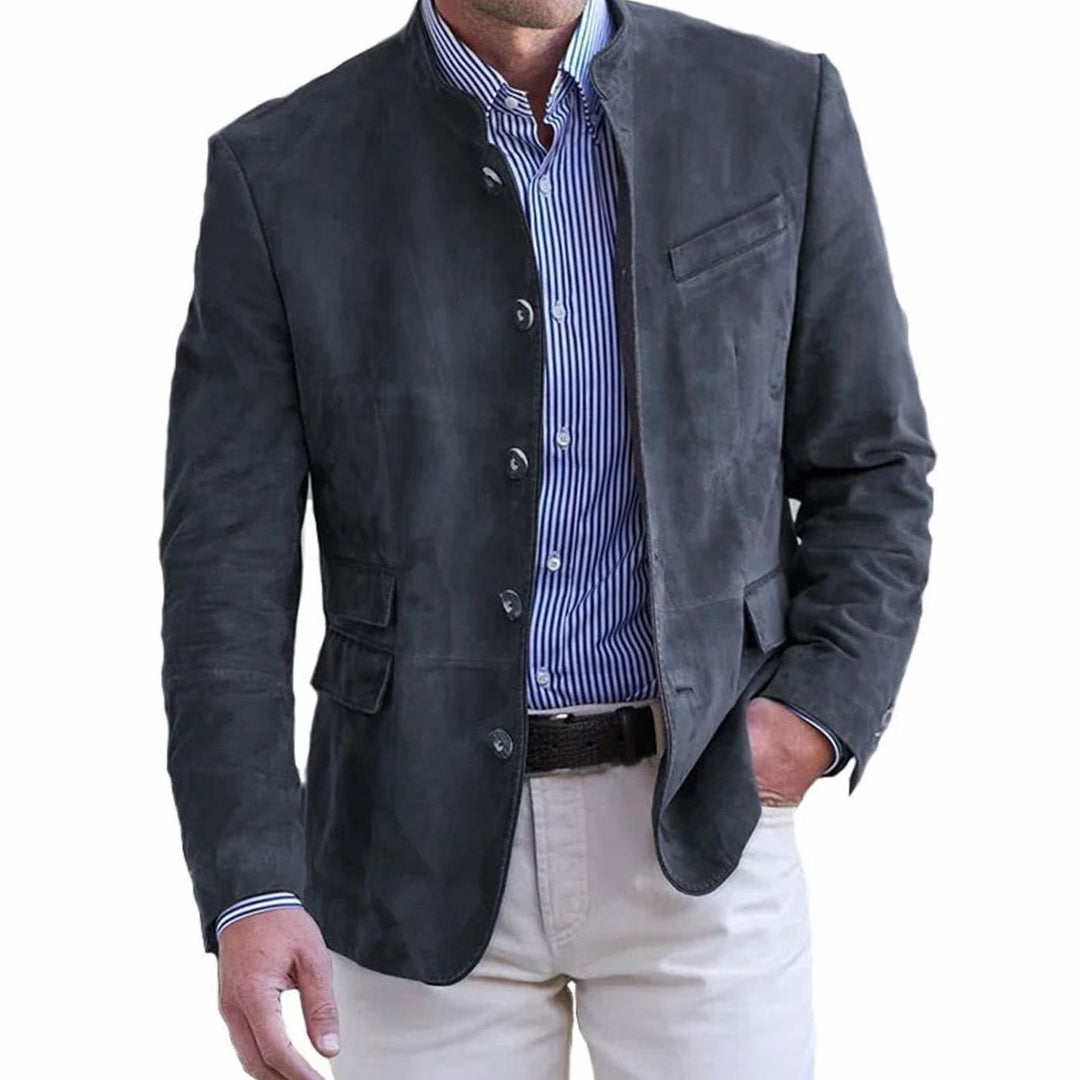 Herren Eleganter Freizeitblazer mit Knopfverschluss Stehkragen Slim-Fit - Schwarz