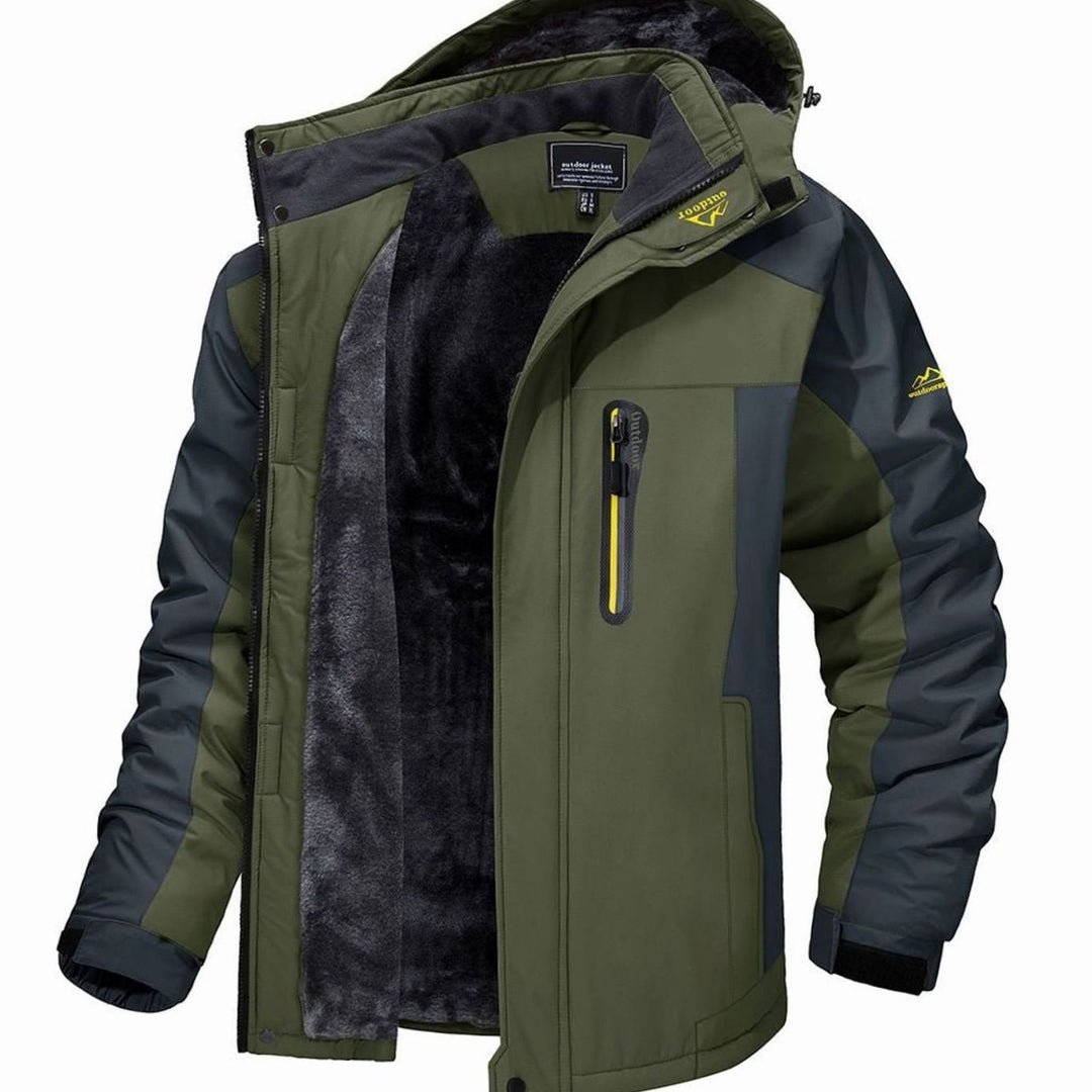 Herren Fleecegefütterte Winterjacke mit Reißverschluss Kapuze Outdoor - Grün