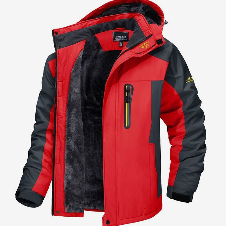 Herren Fleecegefütterte Winterjacke mit Reißverschluss Kapuze Outdoor - Rot
