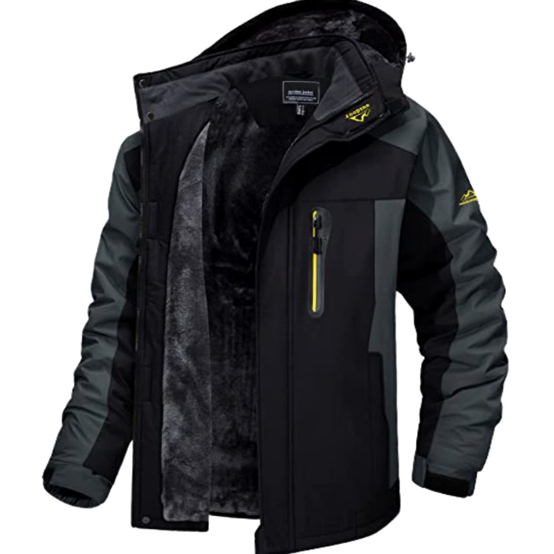 Herren Fleecegefütterte Winterjacke mit Reißverschluss Kapuze Outdoor - Schwarz