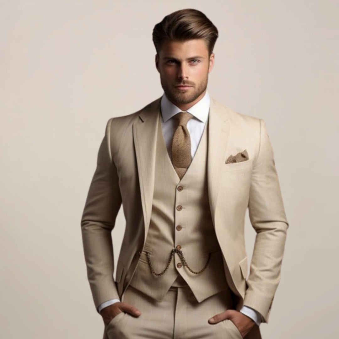 Herren Frühjahrsformeller Drei-Teile-Anzug Slim-Fit Hochzeitsanzug - Beige