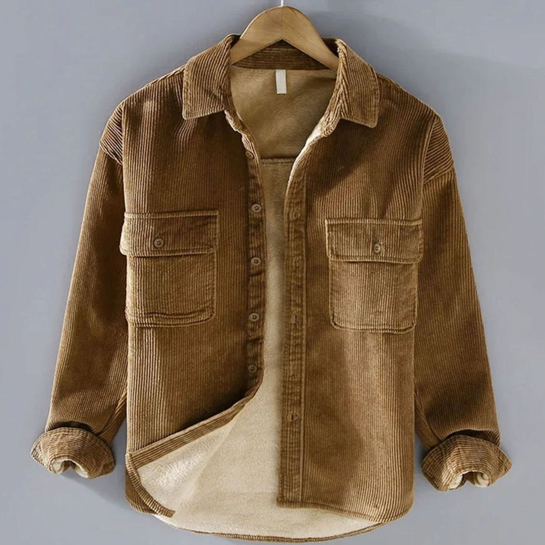 Herren Gefütterte Cord-Overshirt-Jacke mit Knopfleiste - Khaki
