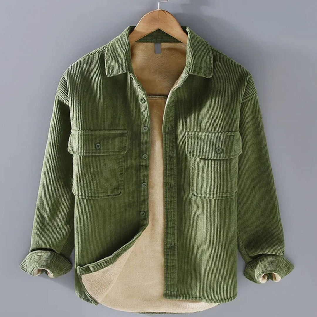 Herren Gefütterte Cord-Overshirt-Jacke mit Knopfleiste - Grün