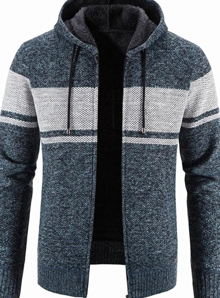 Herren Gefütterter Strick-Hoodie mit Reißverschluss und Streifen - Blaugrau