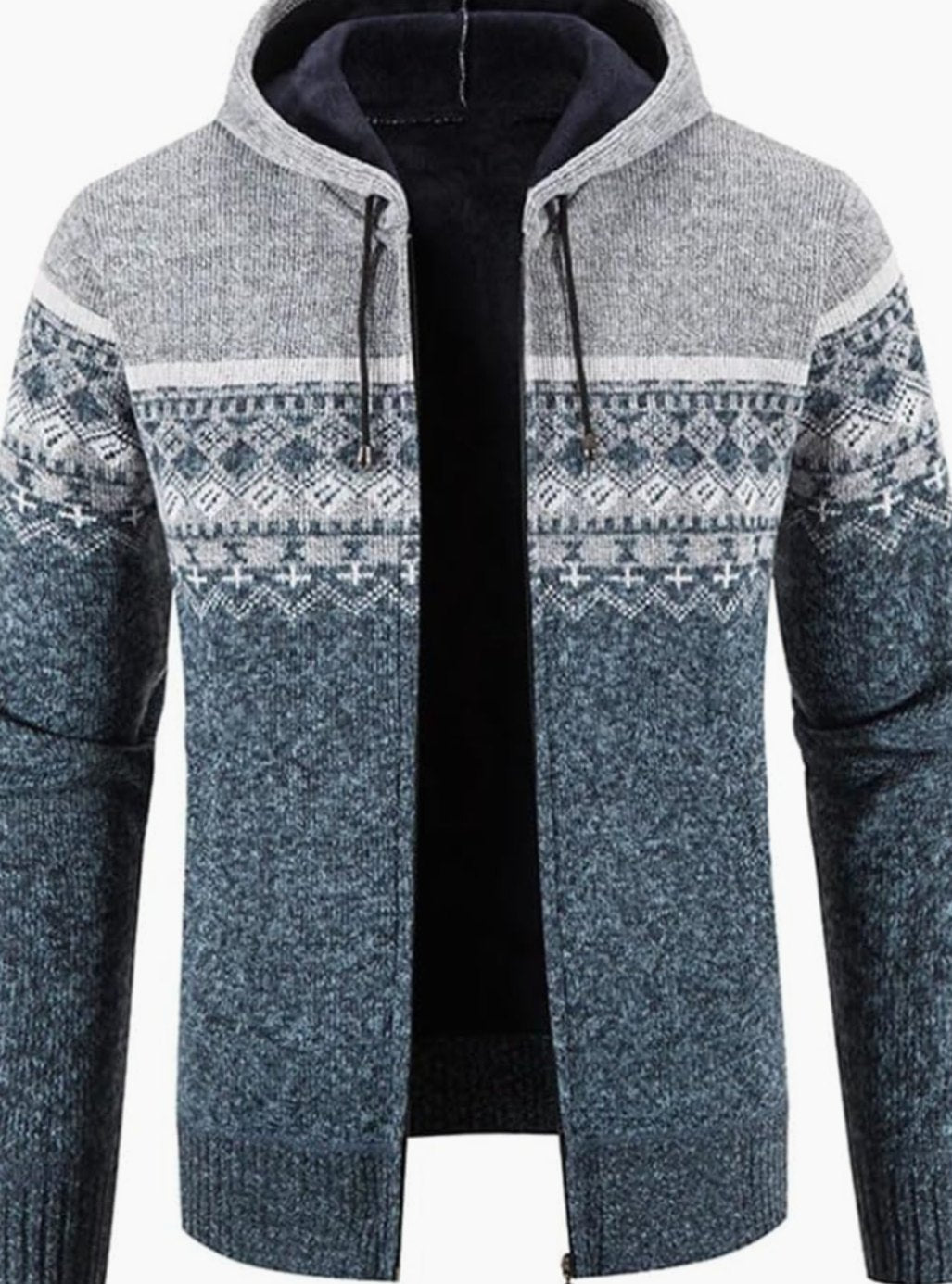 Herren Gefütterter Strick-Hoodie mit Reißverschluss und Streifen - Hellgrau-Blau