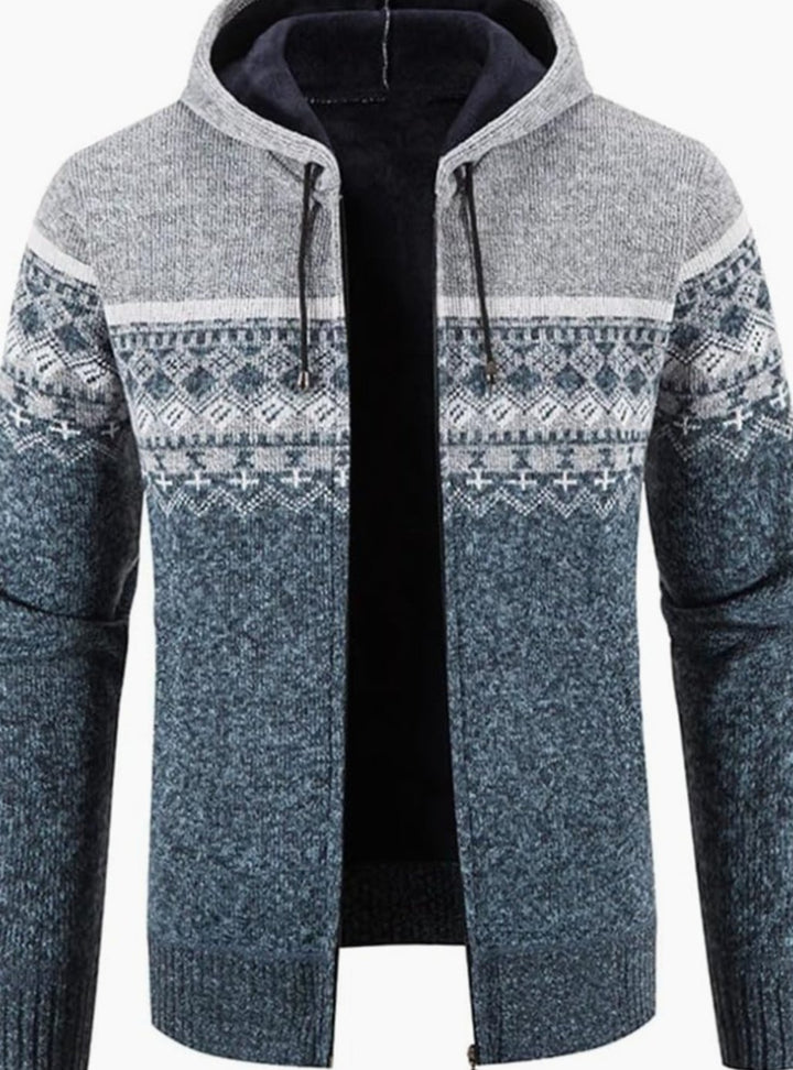 Herren Gefütterter Strick-Hoodie mit Reißverschluss und Streifen - Hellgrau-Blau
