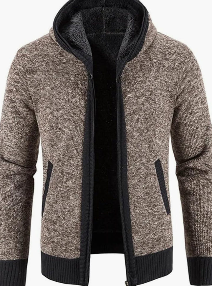 Herren Gefütterter Strick-Hoodie mit Reißverschluss und Streifen - Braun