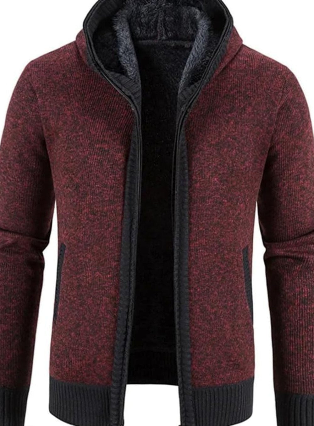 Herren Gefütterter Strick-Hoodie mit Reißverschluss und Streifen - Dunkelrot