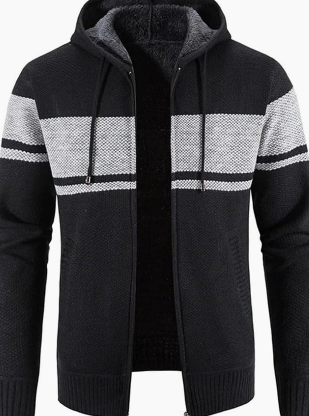 Herren Gefütterter Strick-Hoodie mit Reißverschluss und Streifen - Schwarz-Grau