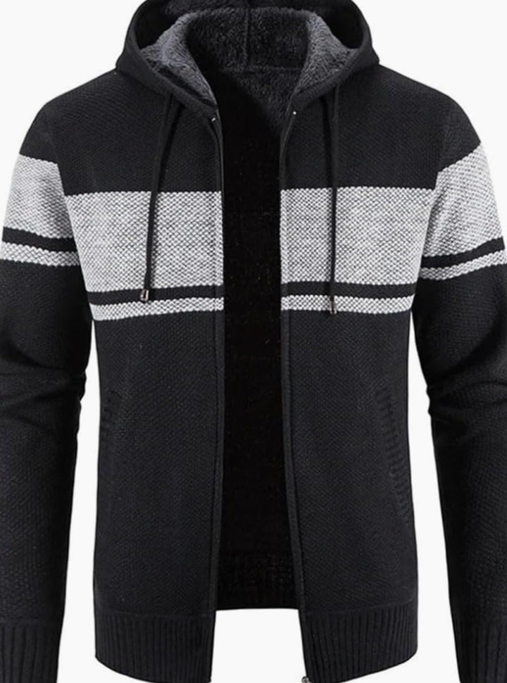 Herren Gefütterter Strick-Hoodie mit Reißverschluss und Streifen - Schwarz-Grau