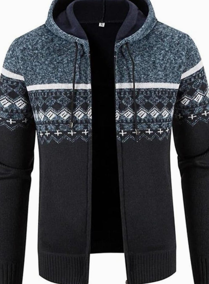 Herren Gefütterter Strick-Hoodie mit Reißverschluss und Streifen - Blau-Schwarz