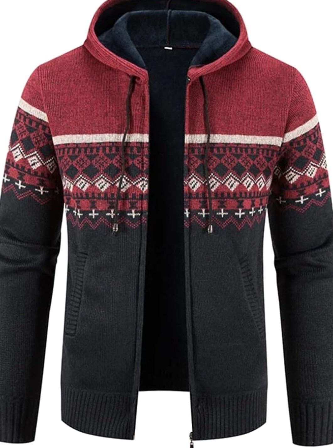 Herren Gefütterter Strick-Hoodie mit Reißverschluss und Streifen - Rot