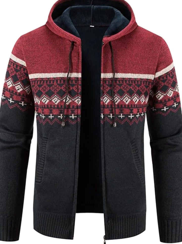 Herren Gefütterter Strick-Hoodie mit Reißverschluss und Streifen - Rot