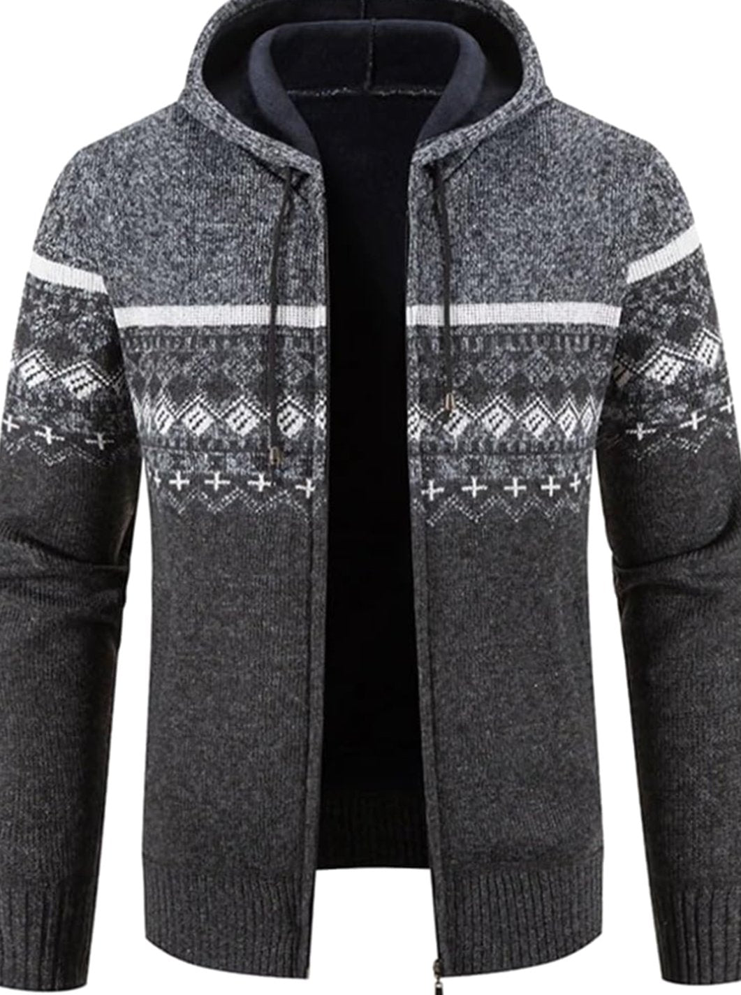 Herren Gefütterter Strick-Hoodie mit Reißverschluss und Streifen - Weiß-Grau