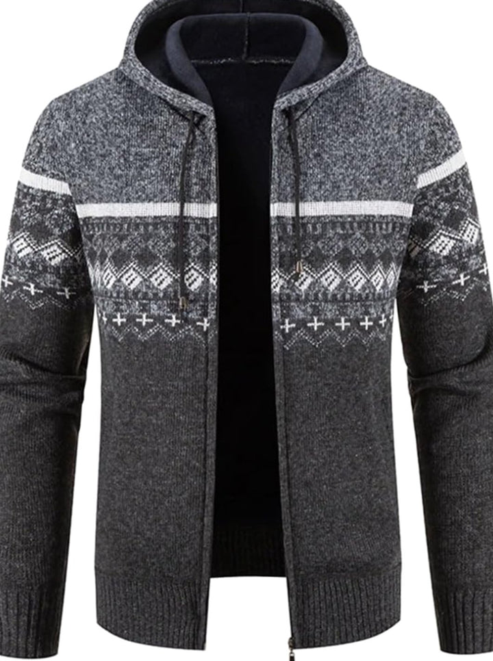 Herren Gefütterter Strick-Hoodie mit Reißverschluss und Streifen - Weiß-Grau