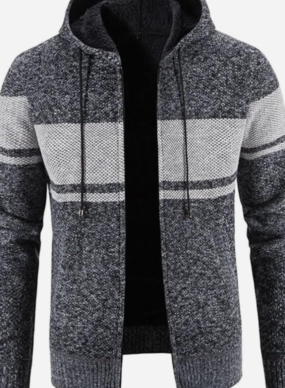 Herren Gefütterter Strick-Hoodie mit Reißverschluss und Streifen - Grau