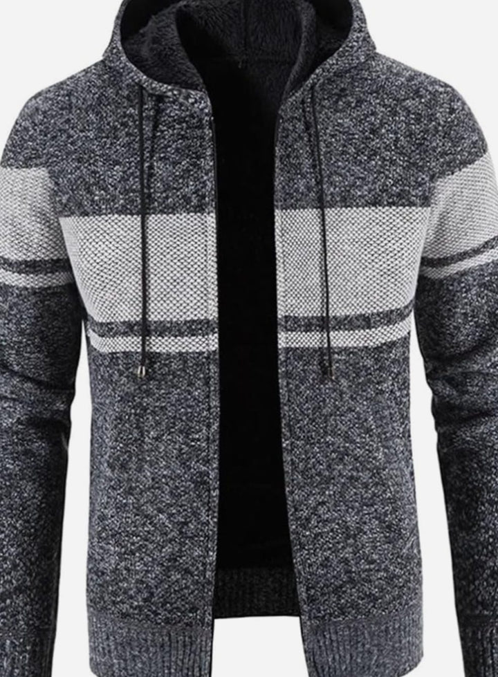 Herren Gefütterter Strick-Hoodie mit Reißverschluss und Streifen - Grau