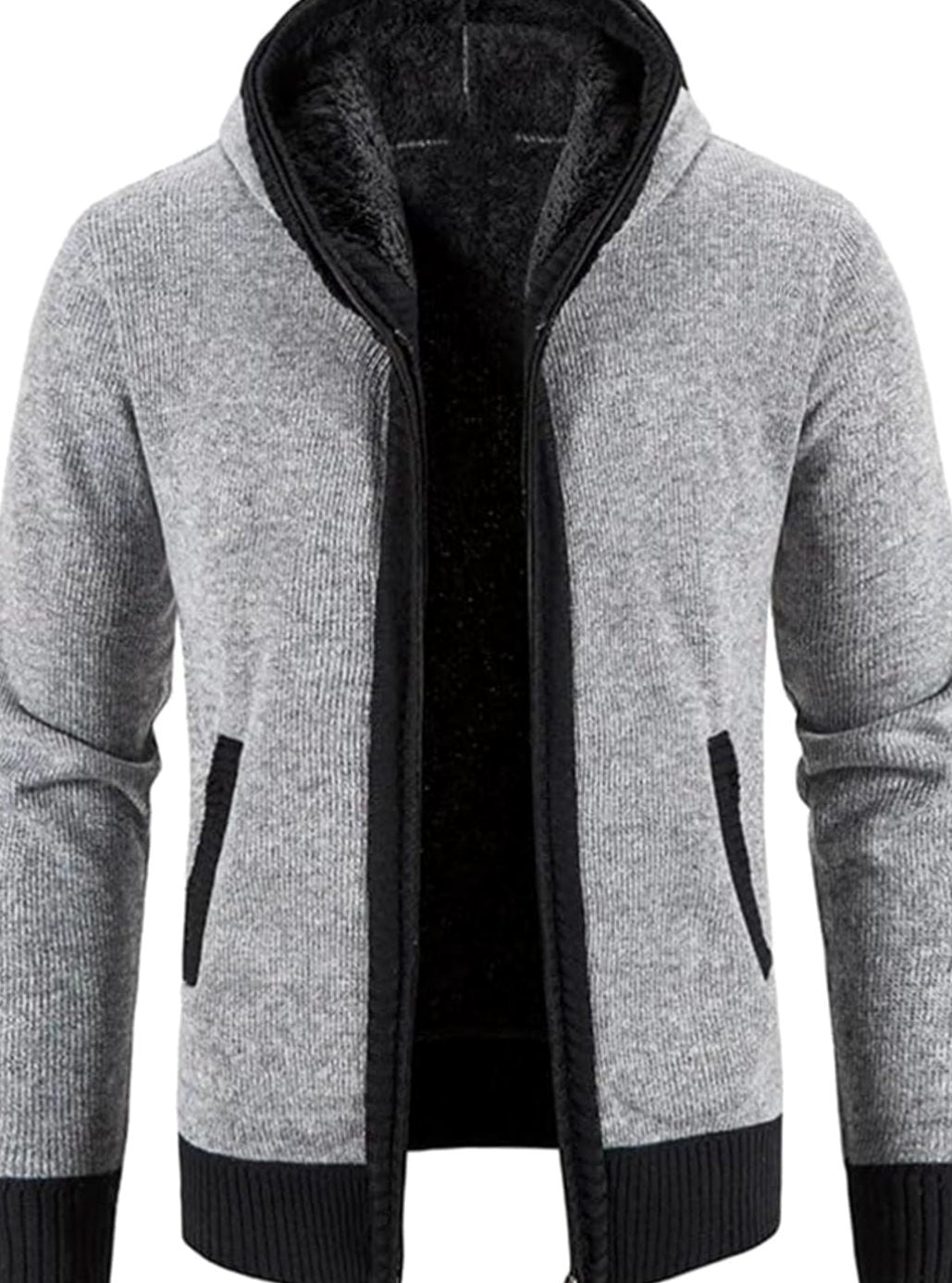 Herren Gefütterter Strick-Hoodie mit Reißverschluss und Streifen - Einfarbig Hellgrau