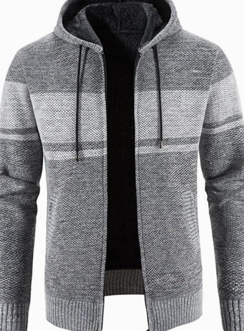 Herren Gefütterter Strick-Hoodie mit Reißverschluss und Streifen - Hellgrau