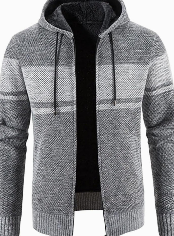 Herren Gefütterter Strick-Hoodie mit Reißverschluss und Streifen - Hellgrau