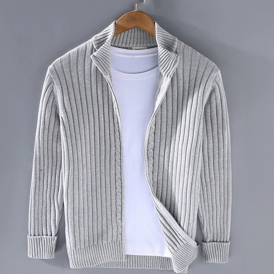 Herren Gerippter Strickcardigan mit Reißverschluss Stehkragen - Grau