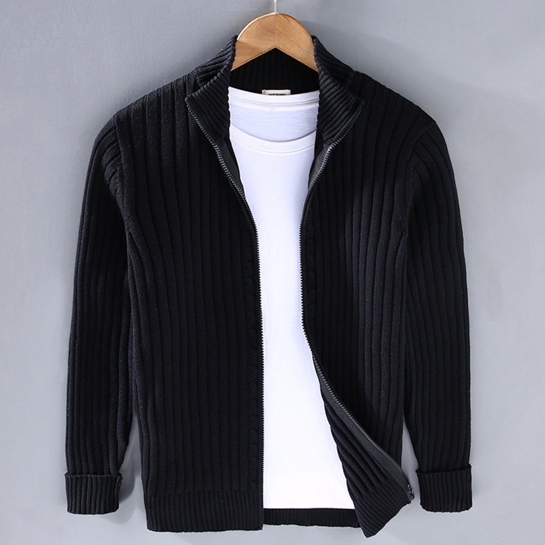 Herren Gerippter Strickcardigan mit Reißverschluss Stehkragen - Schwarz