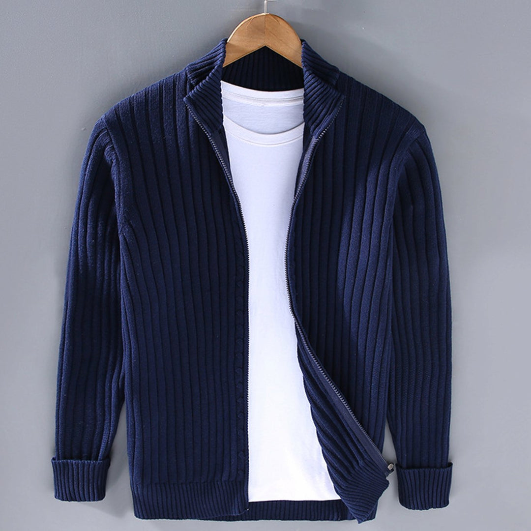 Herren Gerippter Strickcardigan mit Reißverschluss Stehkragen - Blau