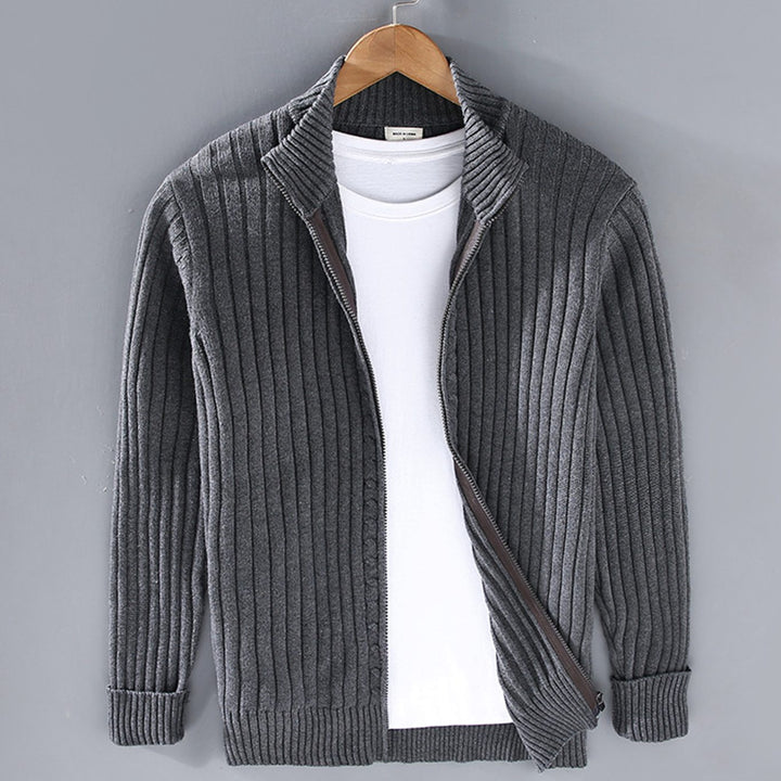 Herren Gerippter Strickcardigan mit Reißverschluss Stehkragen - Anthrazit