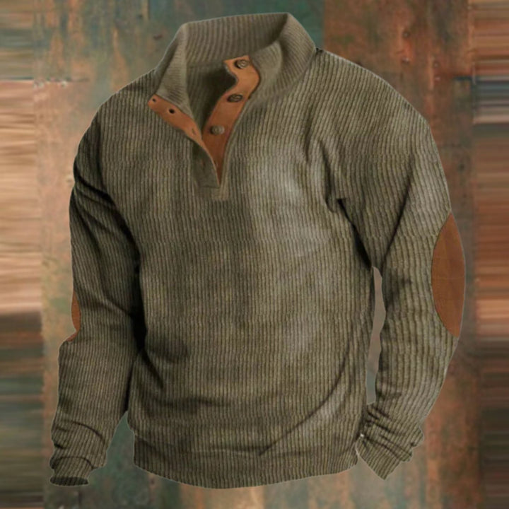 Herren Gerippter Strickpullover Knopfleiste am Kragen Wildleder-Ellbogenpatch - Grün