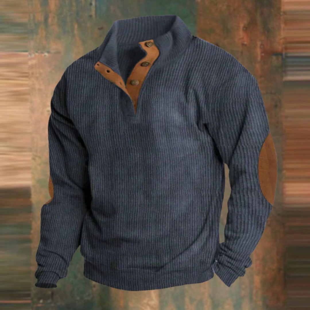 Herren Gerippter Strickpullover Knopfleiste am Kragen Wildleder-Ellbogenpatch - Marineblau