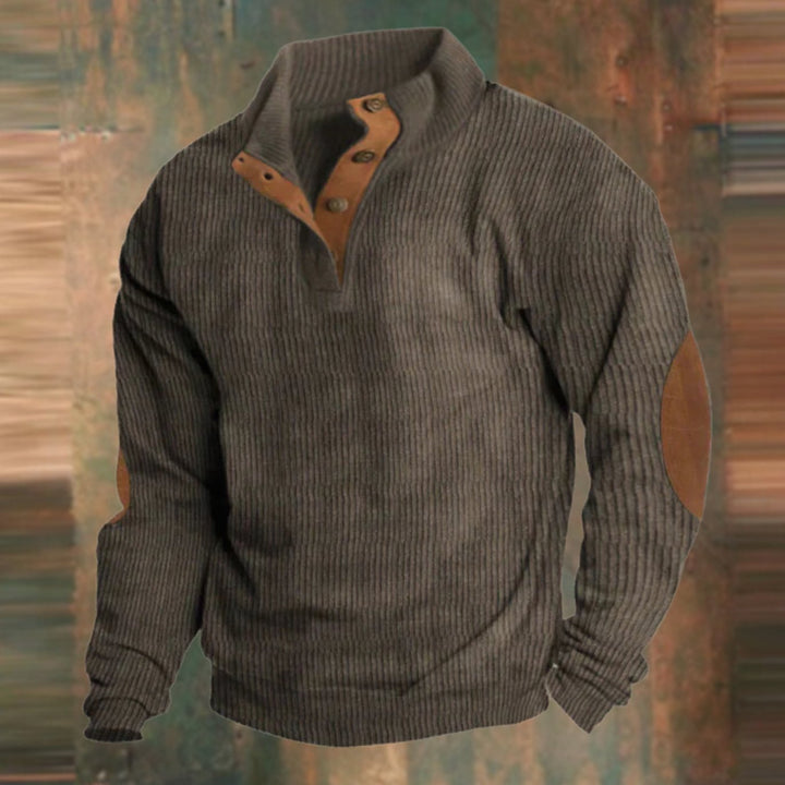 Herren Gerippter Strickpullover Knopfleiste am Kragen Wildleder-Ellbogenpatch - Braun