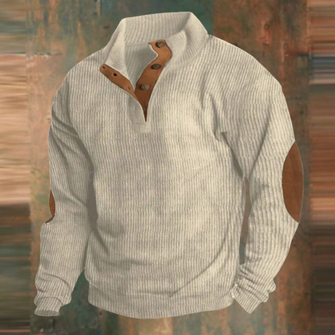 Herren Gerippter Strickpullover Knopfleiste am Kragen Wildleder-Ellbogenpatch - Beige