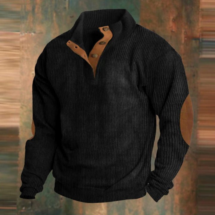 Herren Gerippter Strickpullover Knopfleiste am Kragen Wildleder-Ellbogenpatch - Schwarz