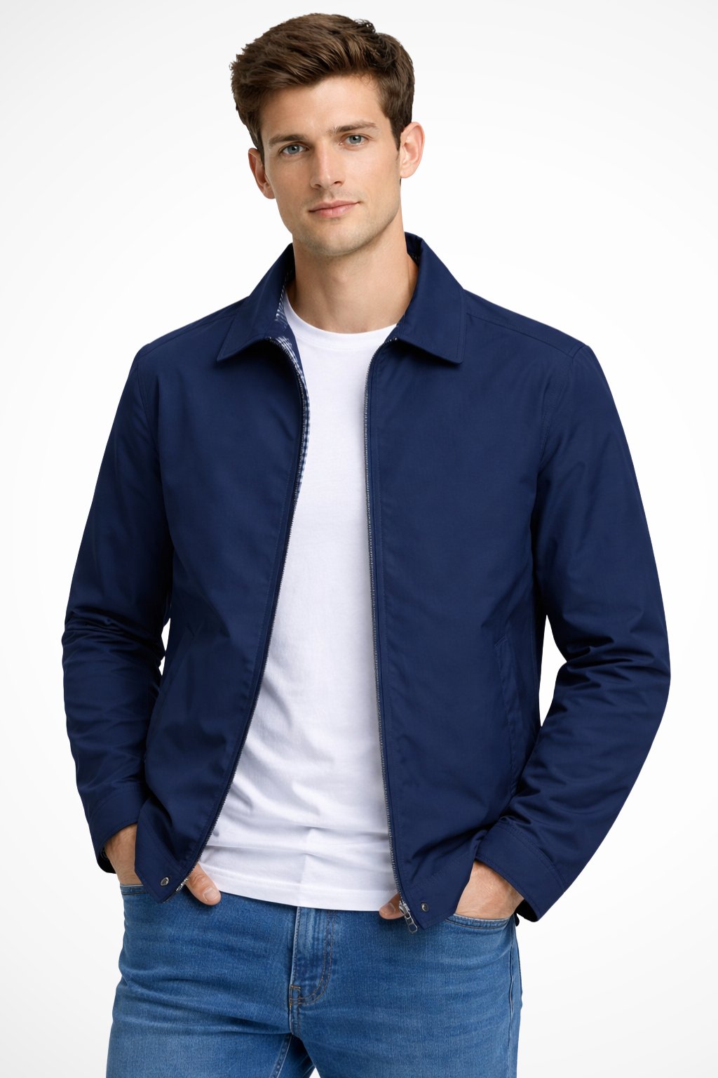 Herren Harrington Jacke Kragen Reißverschluss Klassisch - Blue