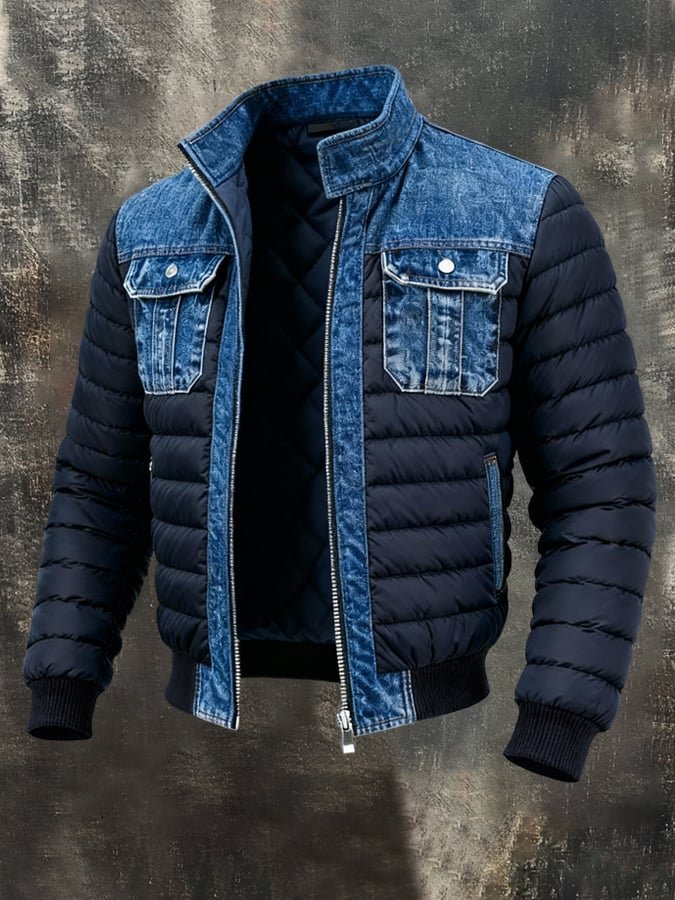 Herren Jeansjacke Gesteppt Winter Wärmeisoliert Bomberjacke - Denim