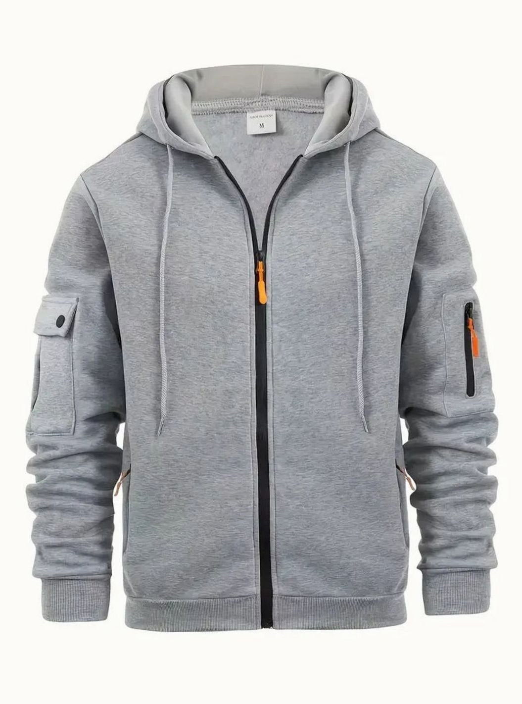 Herren Kapuzen-Sweatjacke mit Reißverschlusstasche Full-Zip Hoodie mit Taschen - Hellgrau