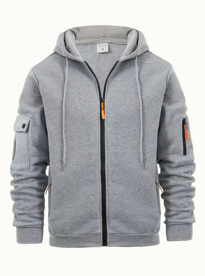 Herren Kapuzen-Sweatjacke mit Reißverschlusstasche Full-Zip Hoodie mit Taschen - Hellgrau