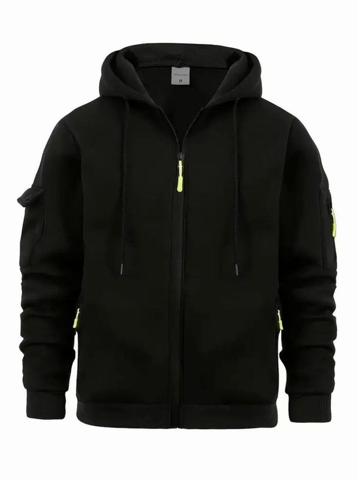 Herren Kapuzen-Sweatjacke mit Reißverschlusstasche Full-Zip Hoodie mit Taschen - Schwarz