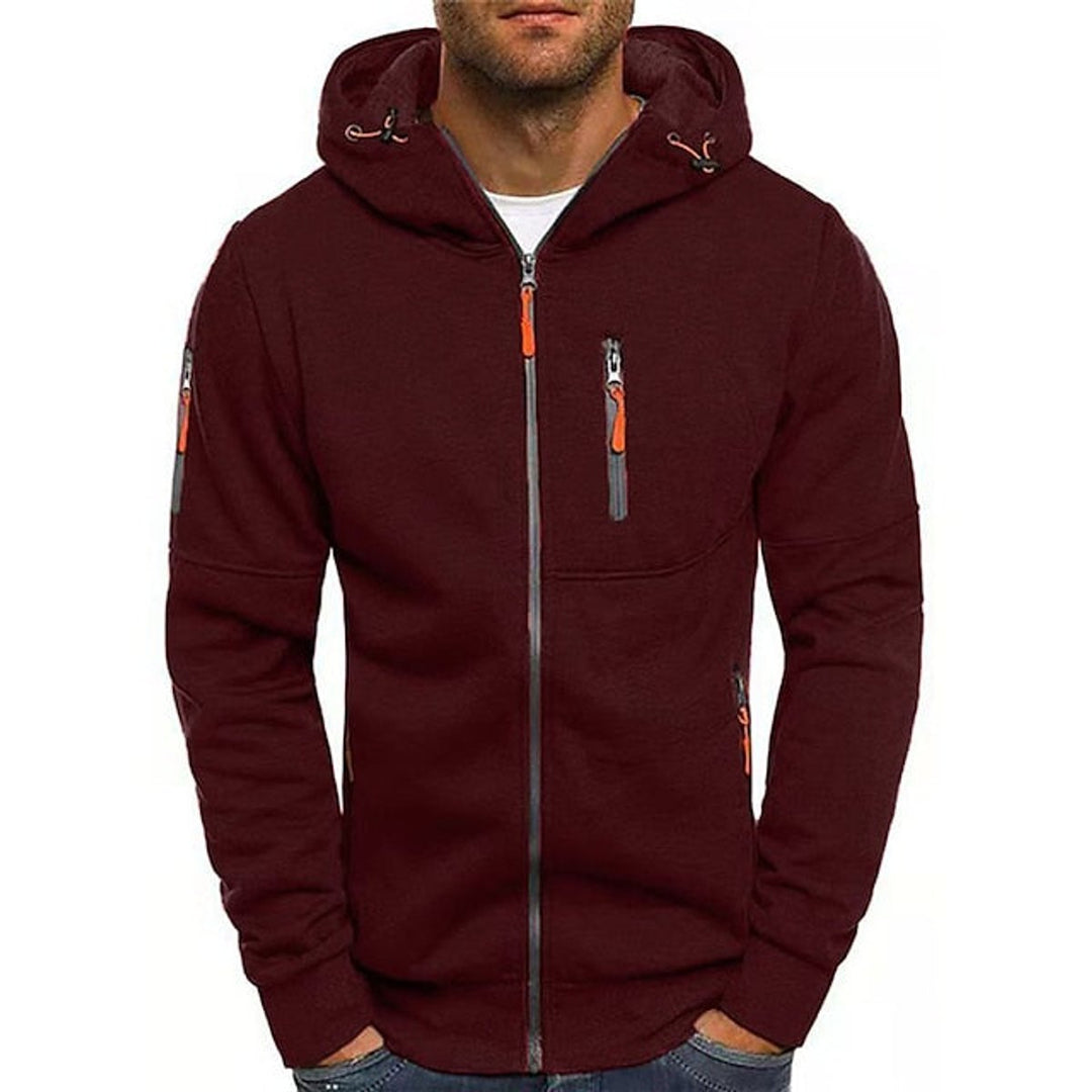 Herren Kapuzen-Sweatshirt Reißverschluss Fleece Mens Knit Sweater - Weinrot