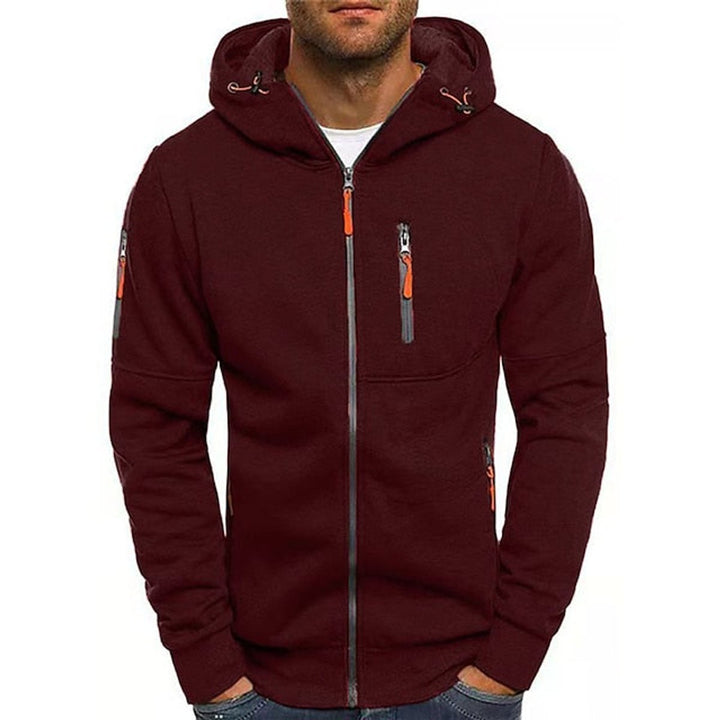 Herren Kapuzen-Sweatshirt Reißverschluss Fleece Mens Knit Sweater - Weinrot