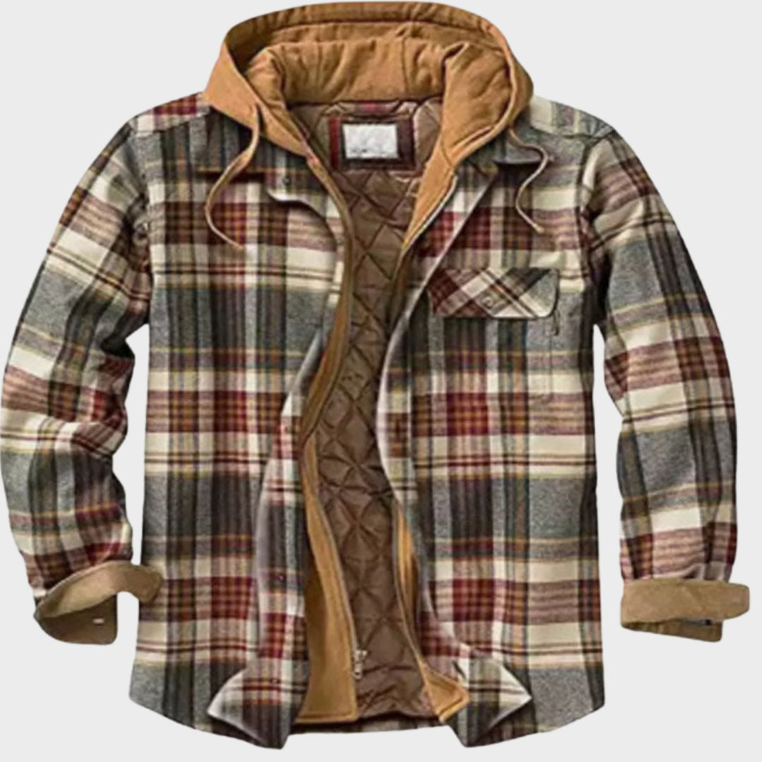 Herren Karierte Wattierte Hemdjacke zum Knöpfen mit Kapuze - Khaki