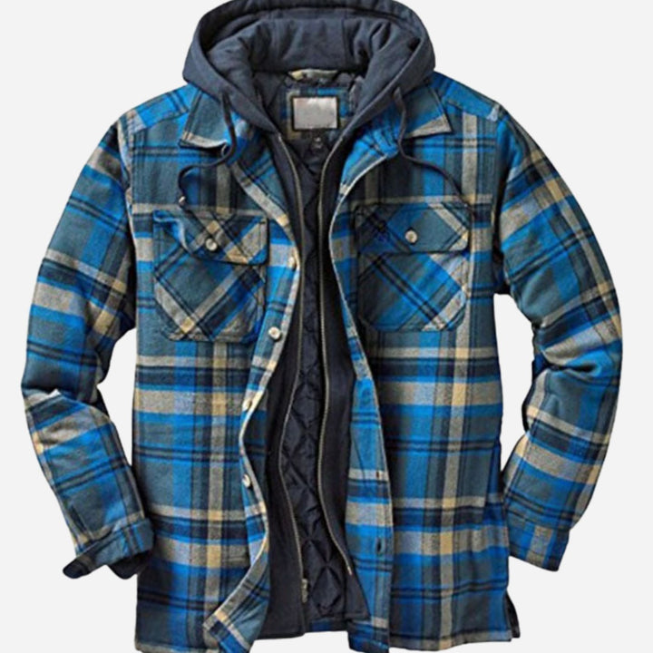 Herren Karierte Wattierte Hemdjacke zum Knöpfen mit Kapuze - Blau
