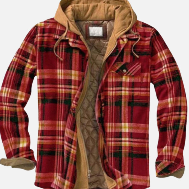 Herren Karierte Wattierte Hemdjacke zum Knöpfen mit Kapuze - Rot/Khaki